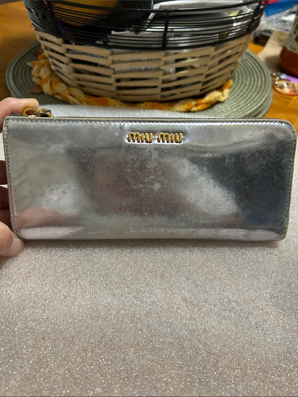 Miu Miu Metallic Silver Zip-Around Wallet with Gold Logo